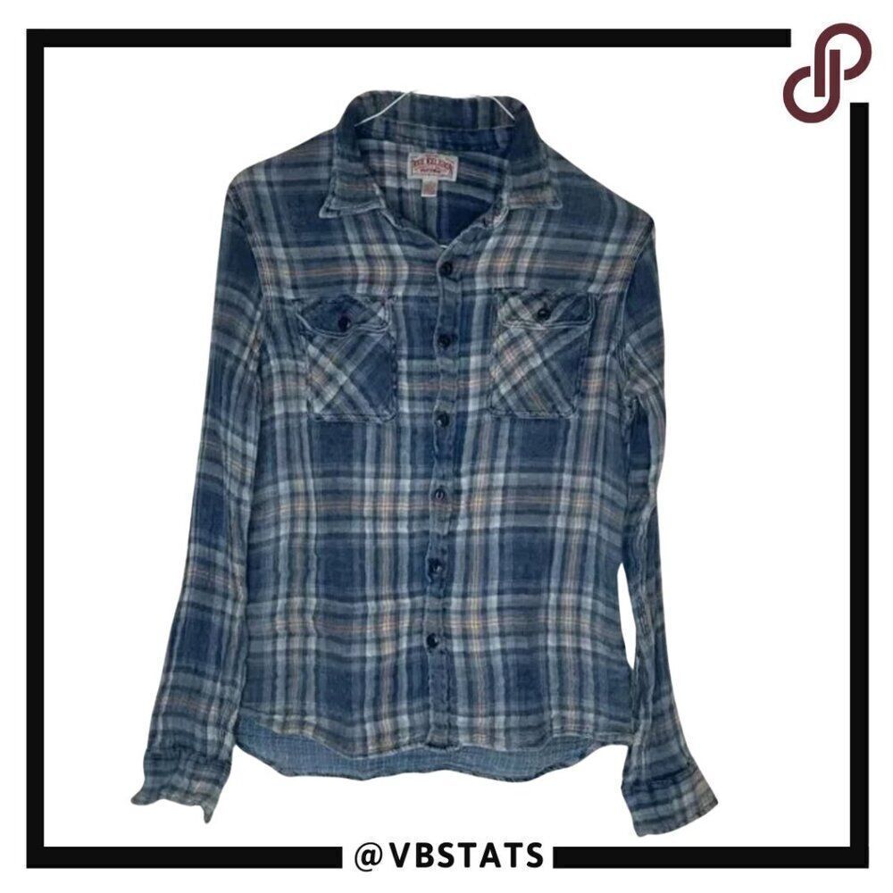 True Religion Flannel Workwear Shirt in Blue-White-Orange Plaid in Size Small